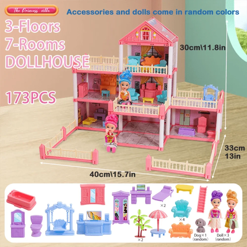 A pink 3-floor, 7-room dollhouse with accessories and dolls in random colors displayed on a wooden surface.