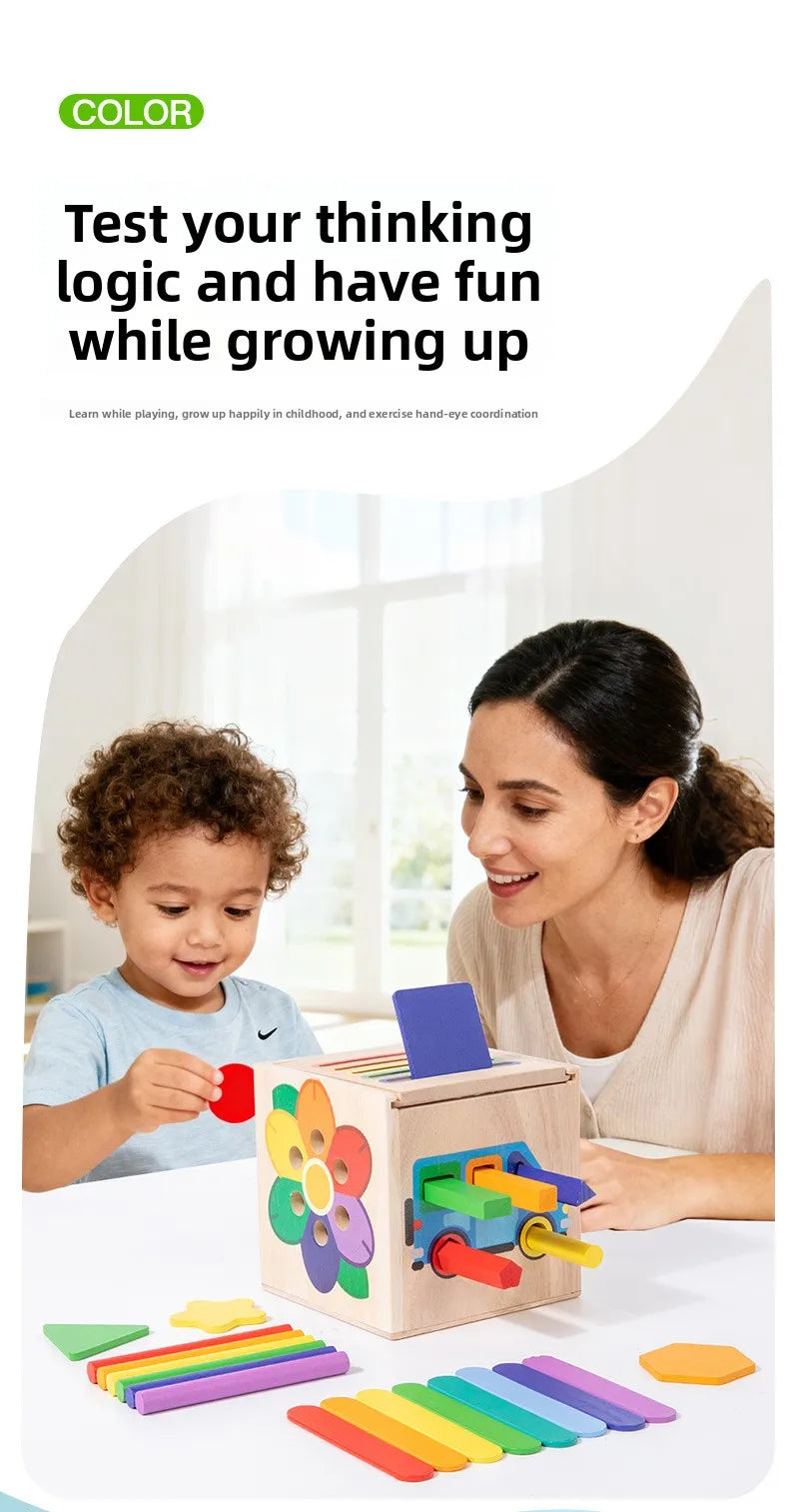 A woman and a child are playing with a wooden 5-in-1 Montessori shape and color sorting toy.
