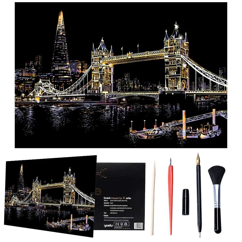 A painting kit featuring a scratch art design of the Tower Bridge and London skyline.