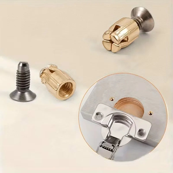A set of heavy-duty cabinet door hinge expansion screws and a corresponding metal fitting are shown.