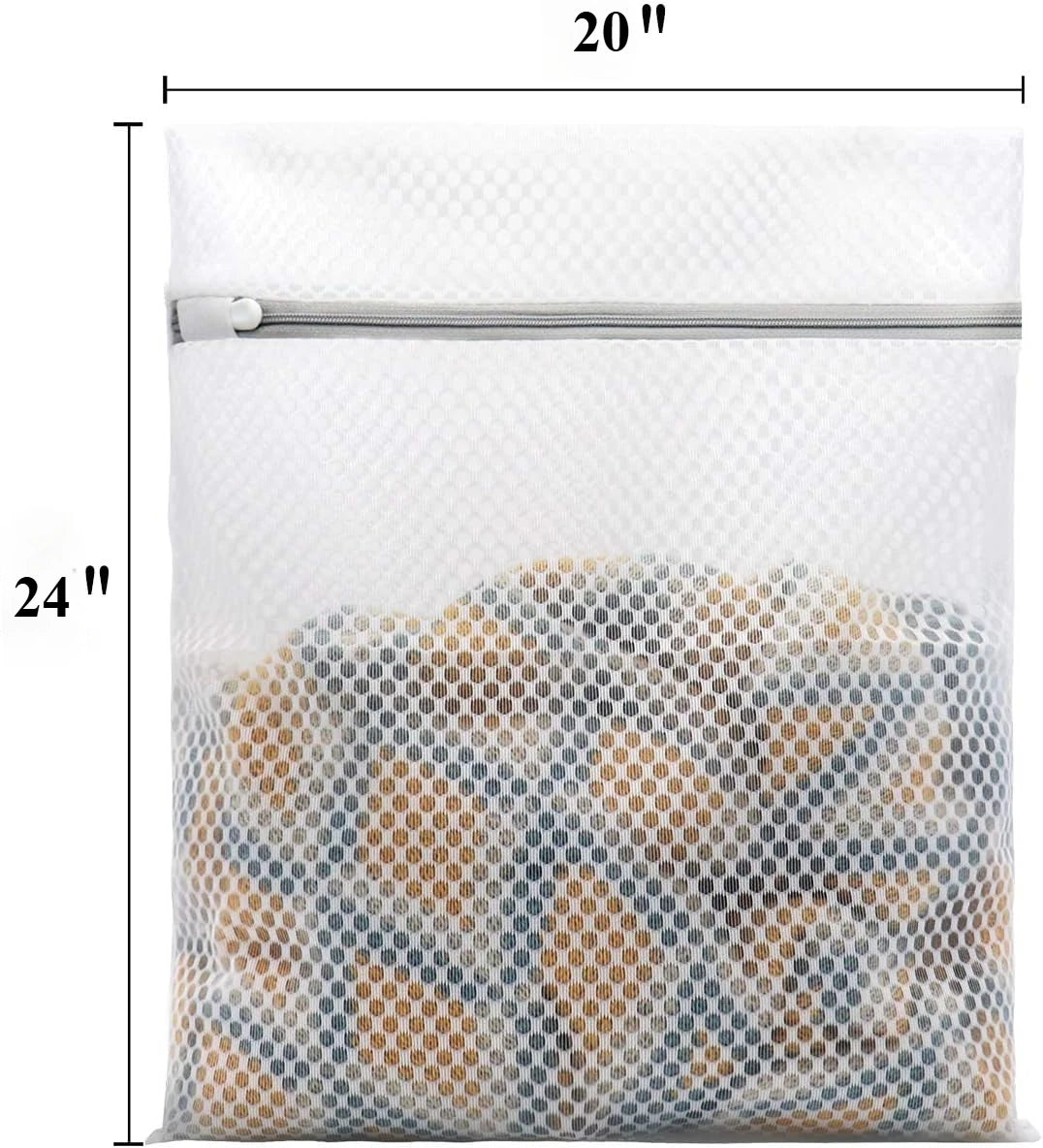 A white mesh laundry bag filled with a pile of light brown and blue fabric items.