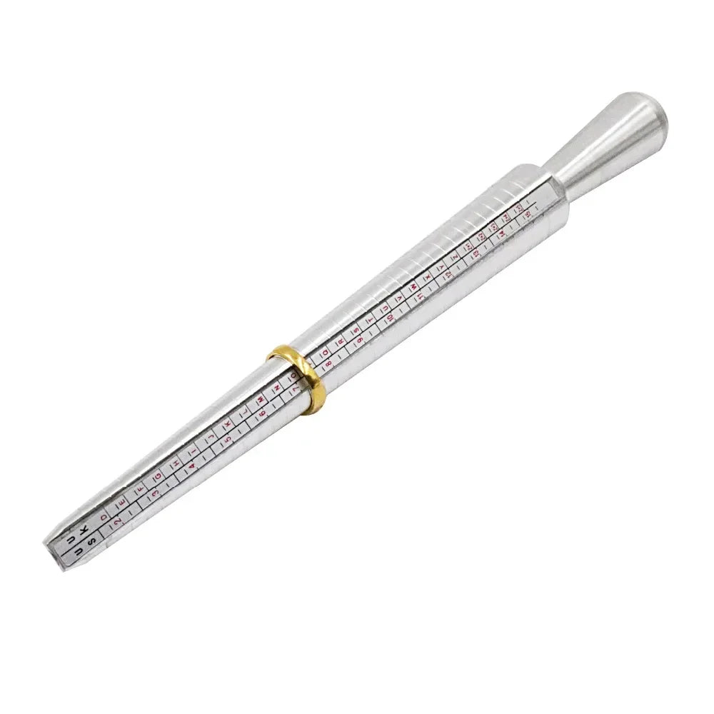 A silver metal ring sizing gauge with multiple size cones and markings.