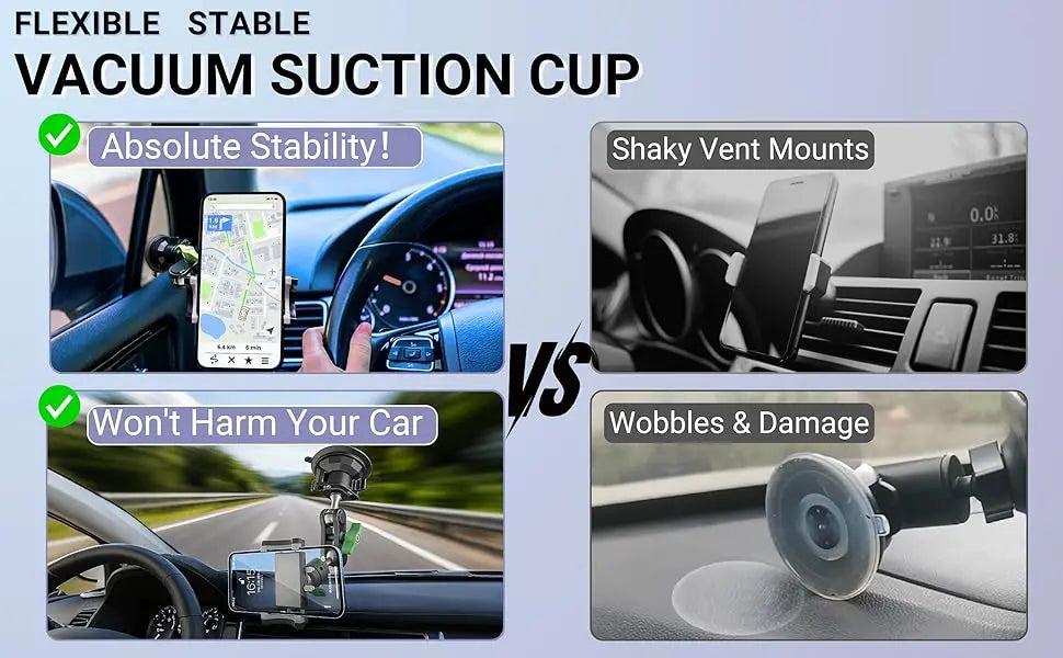 Flexible stable vacuum suction cup phone mount for car windshield and dashboard
