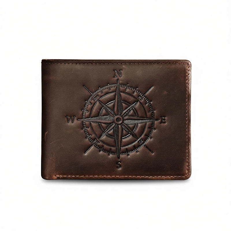 Men's Leather Wallet with Compass Pattern and RFID Protection