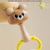 A light brown cartoon bear rattle toy with a yellow ring, designed for baby sensory development.