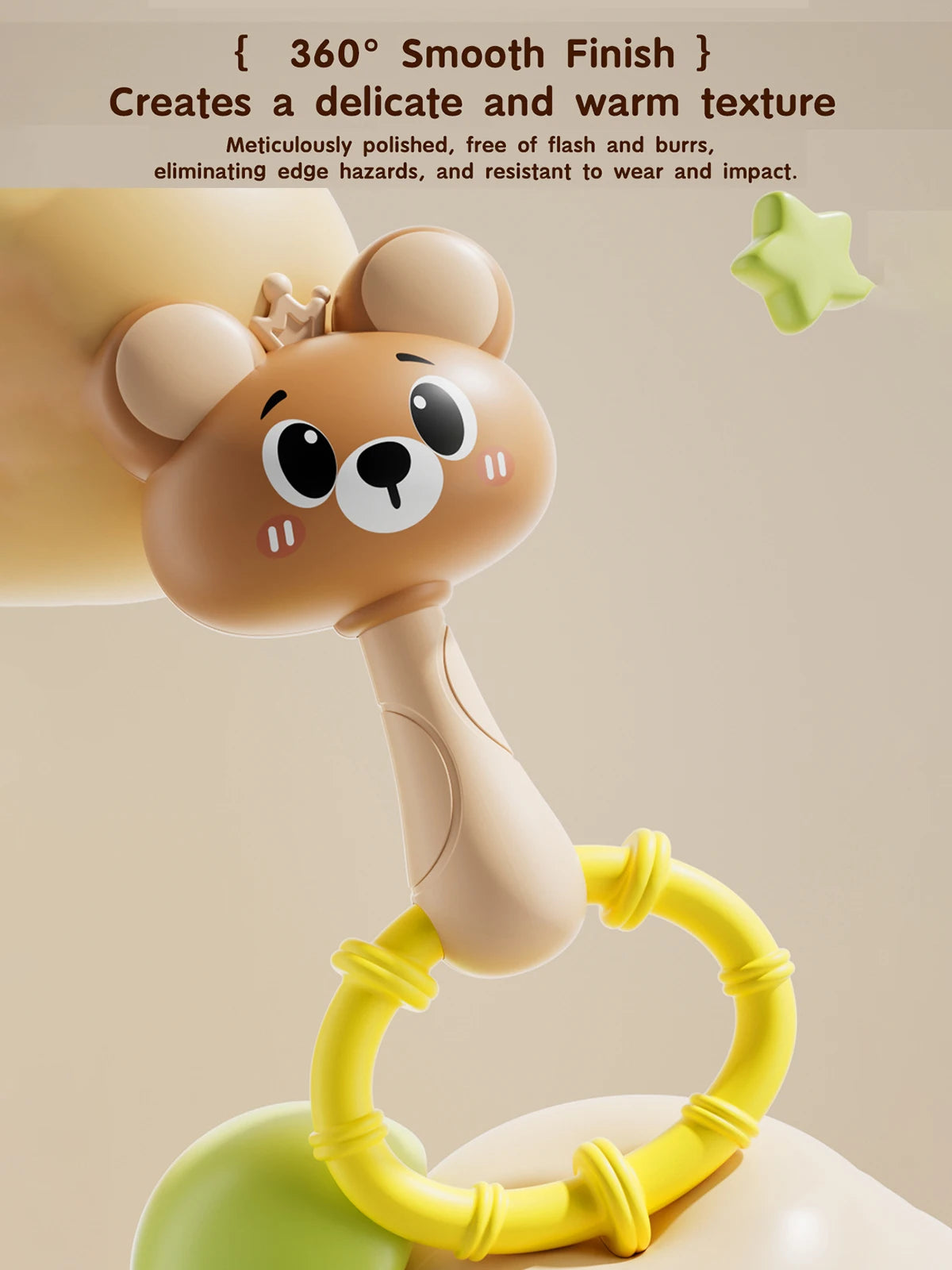 A light brown cartoon bear rattle toy with a yellow ring, designed for baby sensory development.