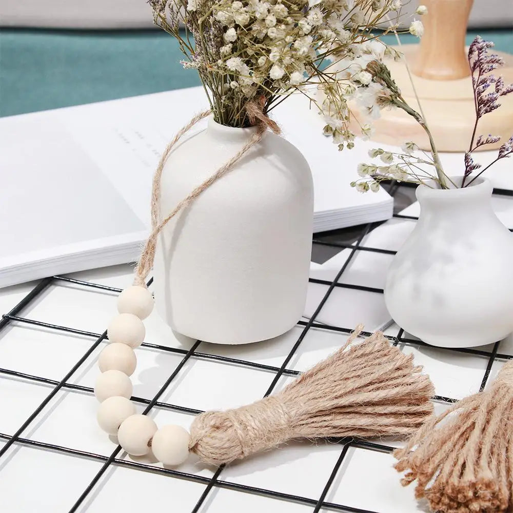 Handcrafted Natural Wood Bead Garland with Tassels for Boho & Farmhouse Decor