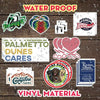 A collection of water-proof die-cut vinyl stickers featuring various logos and text on a wooden background.