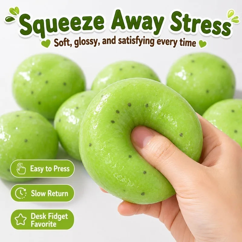 A hand squeezes a bright green squishy stress relief ball, highlighting its soft, glossy texture.