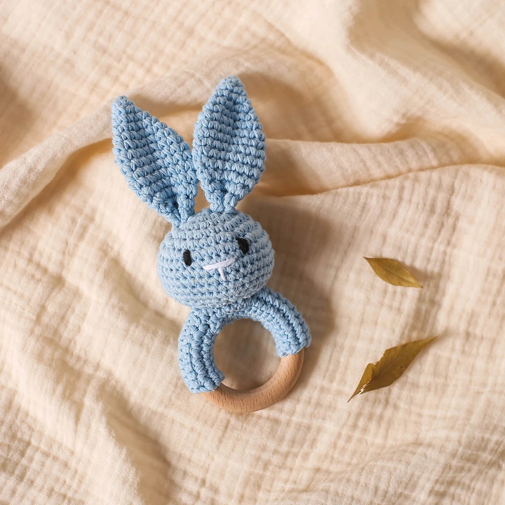 Handmade Crochet Bunny Rattle with Wooden Teether for Babies