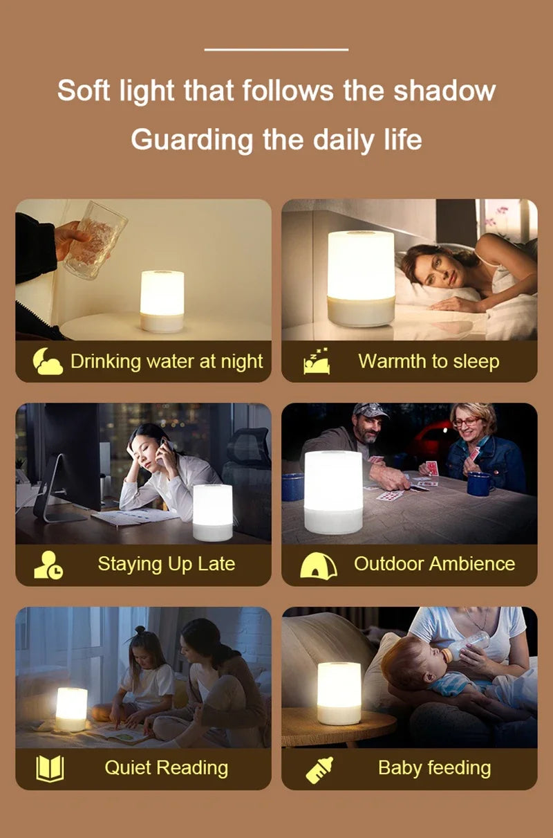 A collection of soft light table lamps used for various daily life situations like drinking water, sleeping, reading, and fee
