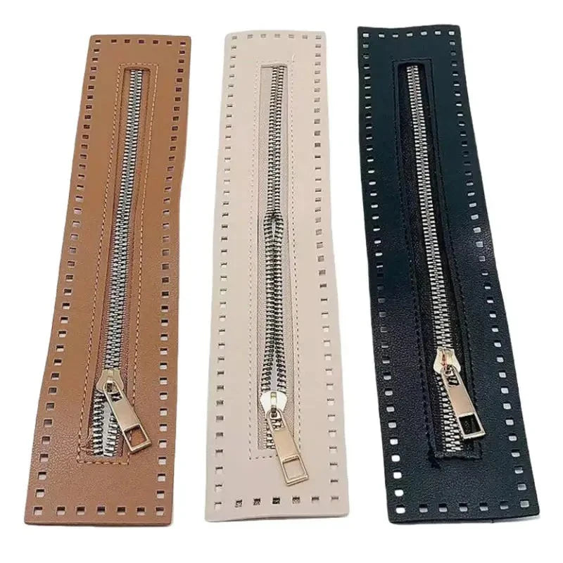 Three vertical leather zippers in tan, beige, and black for handbags and sewing projects