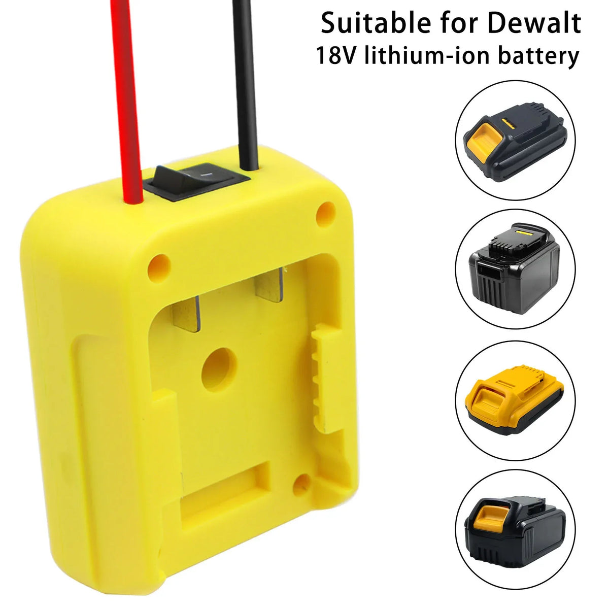 Yellow power tool battery adapter suitable for Dewalt 18V lithium-ion battery with fuse and switch components