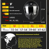 A black full-face motorcycle helmet is shown with various size options and dimensions.