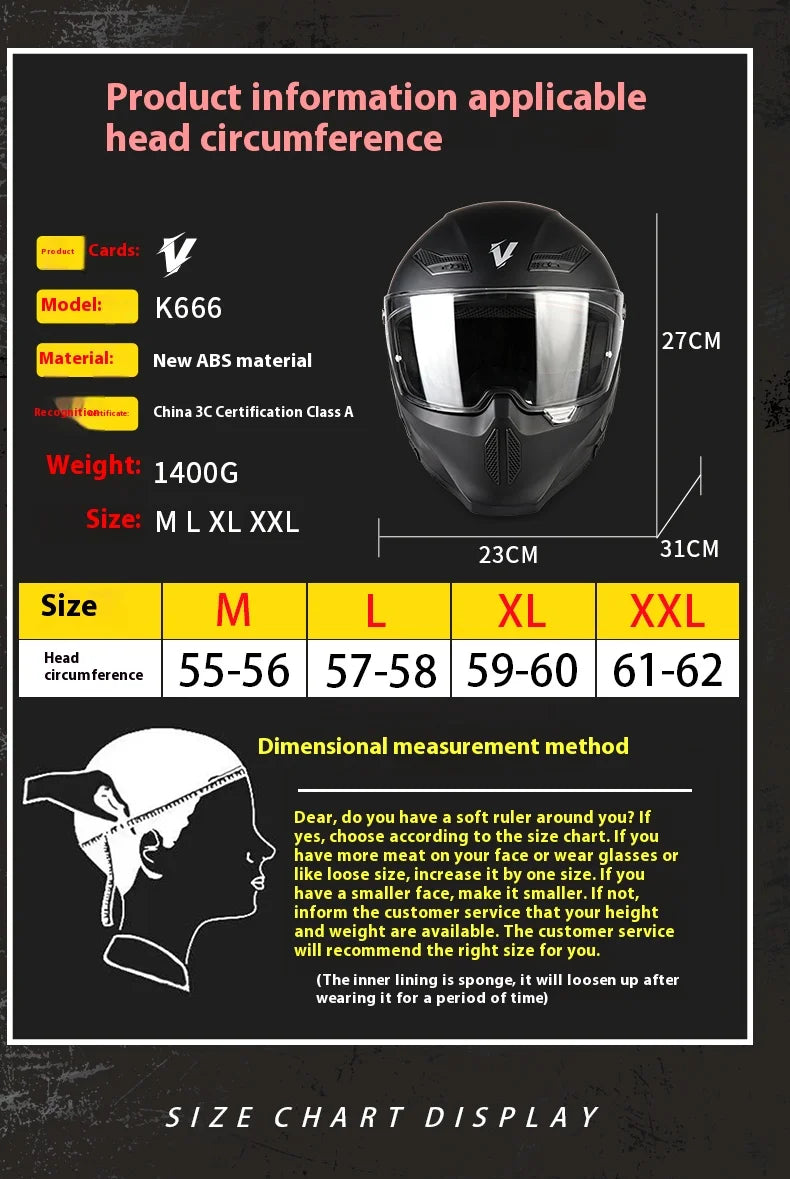 A black full-face motorcycle helmet is shown with various size options and dimensions.
