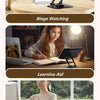 A 360° rotating carbon steel tablet stand is shown in various contexts, including for binge-watching, learning aid, and easy 