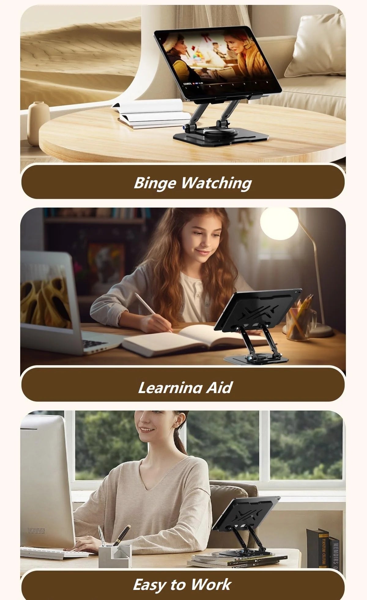 A 360° rotating carbon steel tablet stand is shown in various contexts, including for binge-watching, learning aid, and easy 