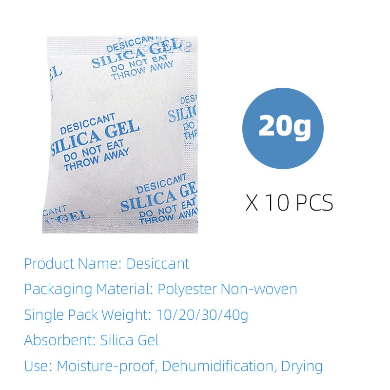 A package of silica gel desiccant bags with a 20g weight indicator and usage instructions.
