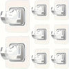 Multiple views of adhesive curtain rod hooks used for no-drill wall mounting clips.
