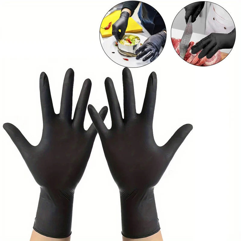 Pair of black disposable nitrile gloves shown with close-ups demonstrating use for food preparation and handling.