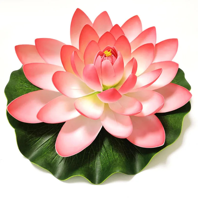 A vibrant pink lotus flower with green leaves floating on water.