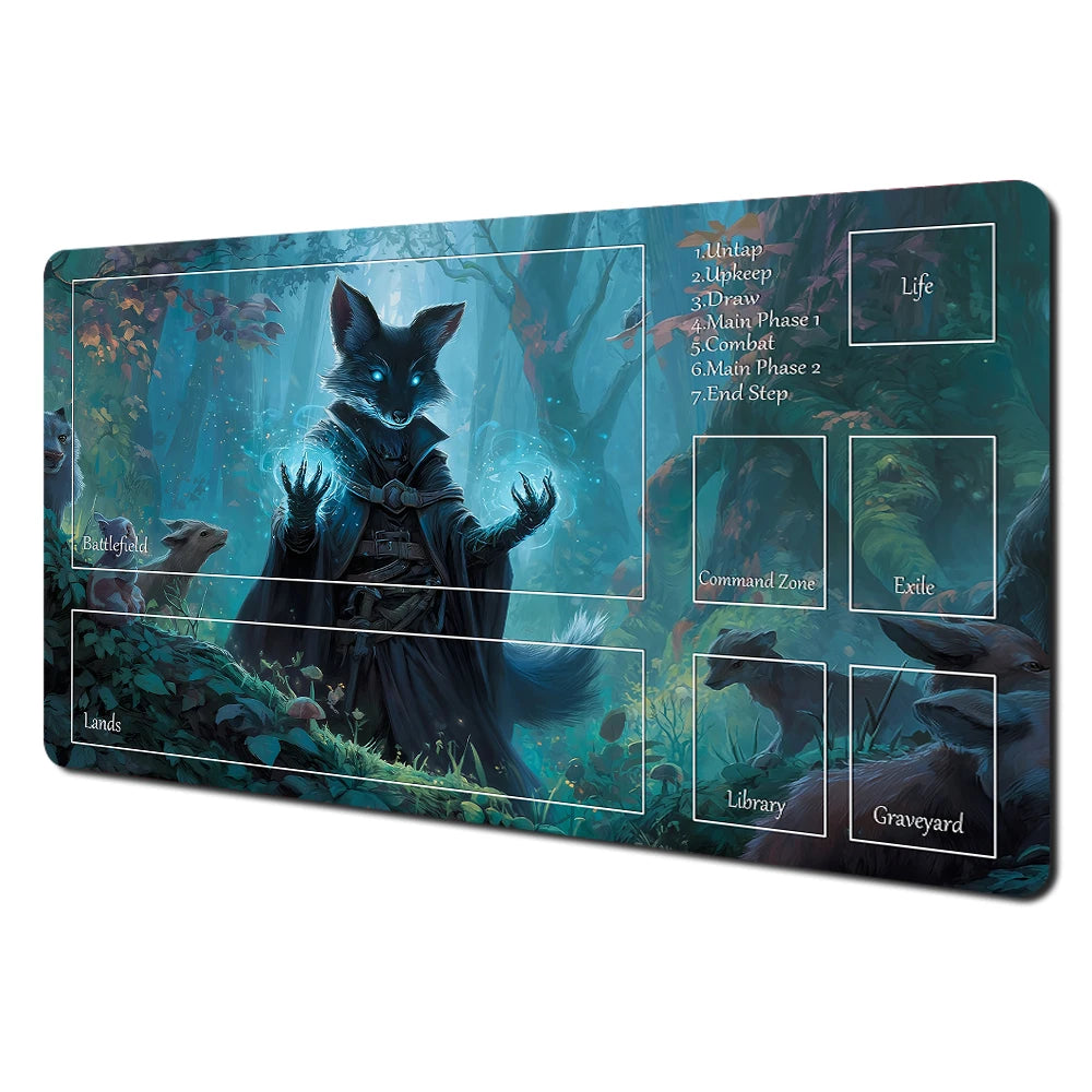 Fantasy card playmat featuring an illustration of a dark, mystical creature and various themed zones.