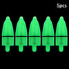 Five bright green clip-on fishing rod bite alarm bells displayed against a black background.