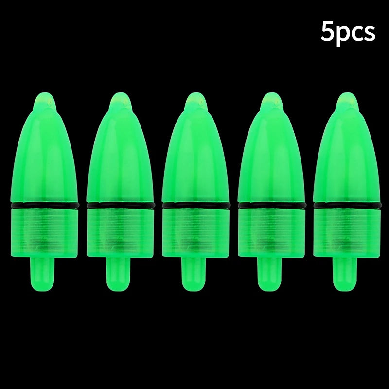 Five bright green clip-on fishing rod bite alarm bells displayed against a black background.