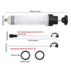 A white manual fluid extractor and injection pump with a long hose and various sized tips.