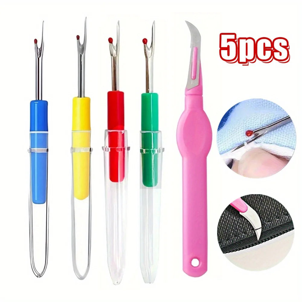 Ein Set aus fünf Präzisions-Stahl-Nahtöffnern in verschiedenen Farben wie blau, gelb, rot, grün und pink.