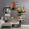 A hexagonal display showing various applications of self-adhesive 3D wood grain wallpaper panels on walls and ceilings.