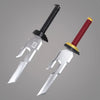 A cosplay katana featuring an inverted spear design with a silver blade and a red wrapped hilt.