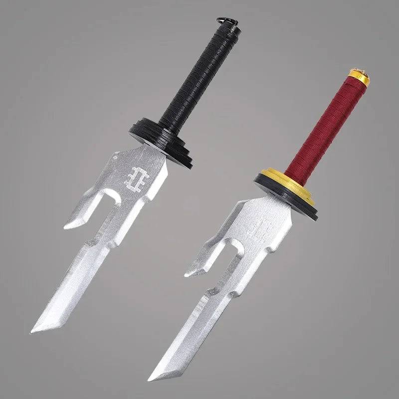 A cosplay katana featuring an inverted spear design with a silver blade and a red wrapped hilt.