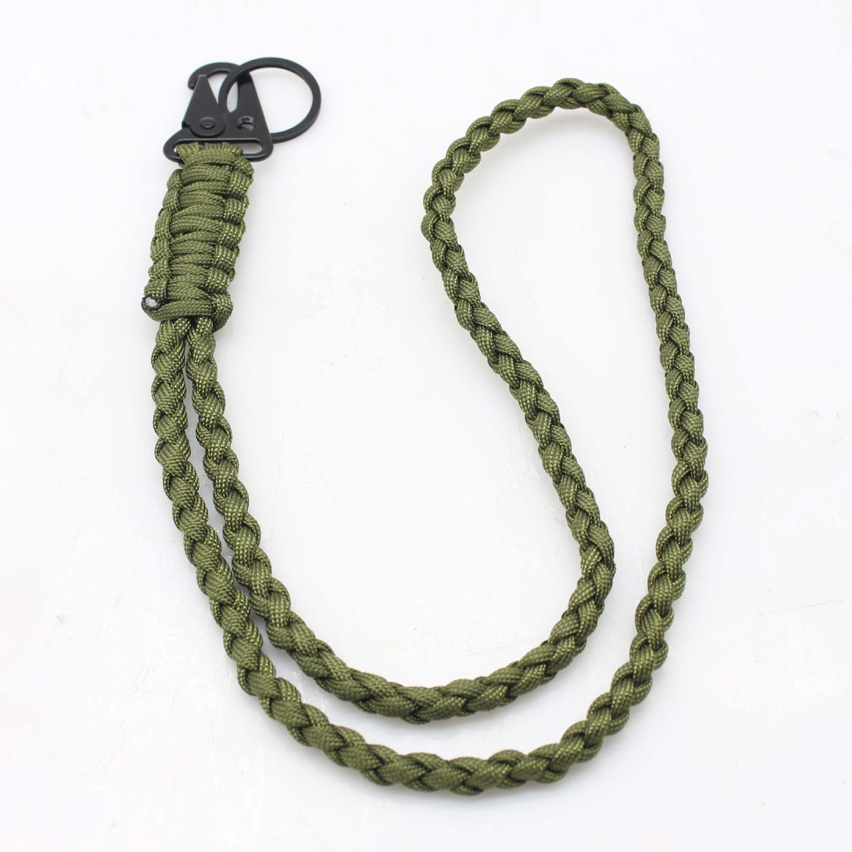 A green paracord lanyard keychain with a zinc alloy clip.