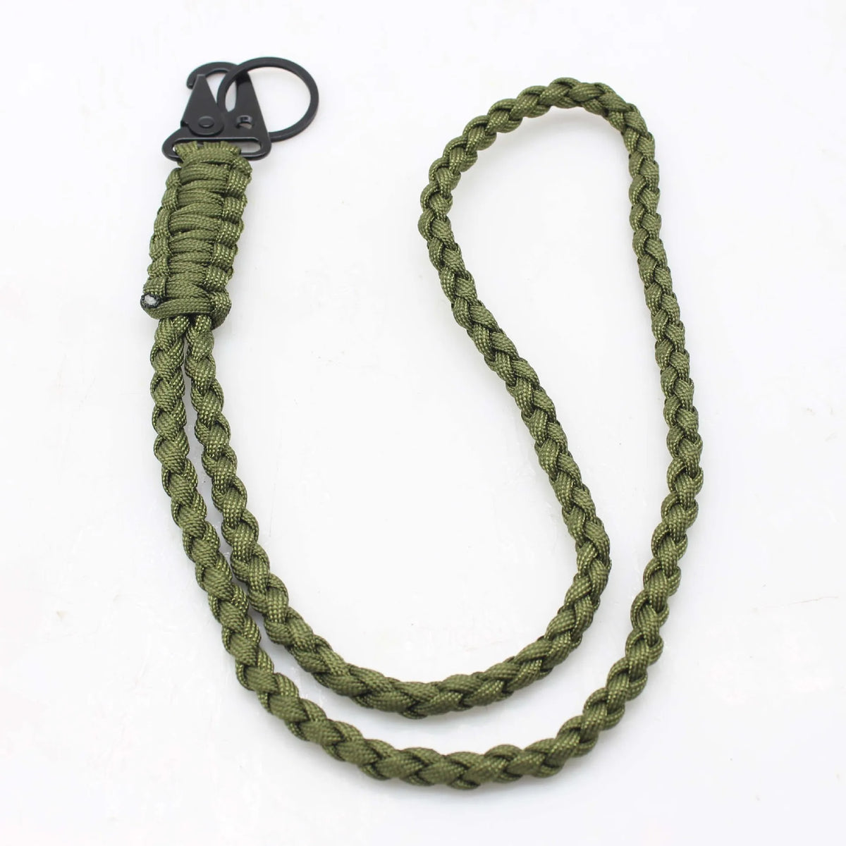 A green paracord lanyard keychain with a zinc alloy clip.