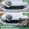 Before and after comparison showing headlight restoration kit results on a white car's front light assembly