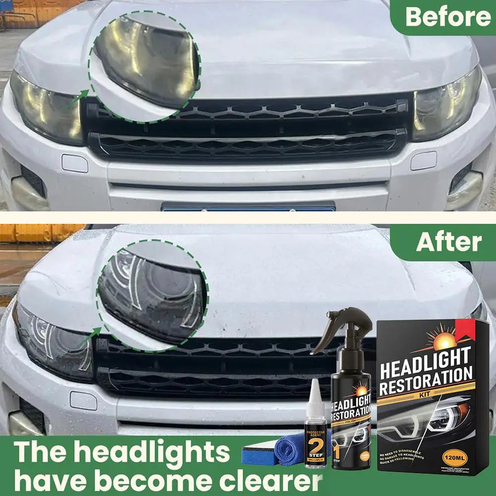 Before and after comparison showing headlight restoration kit results on a white car's front light assembly