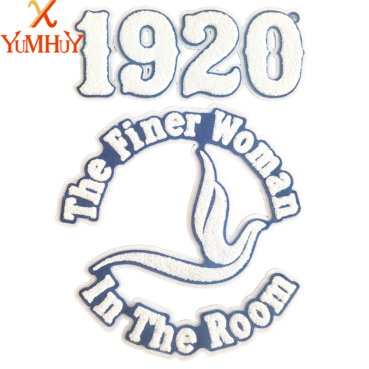 Vintage chenille iron-on patch featuring the year 1920 and the text The Finer Woman In The Room
