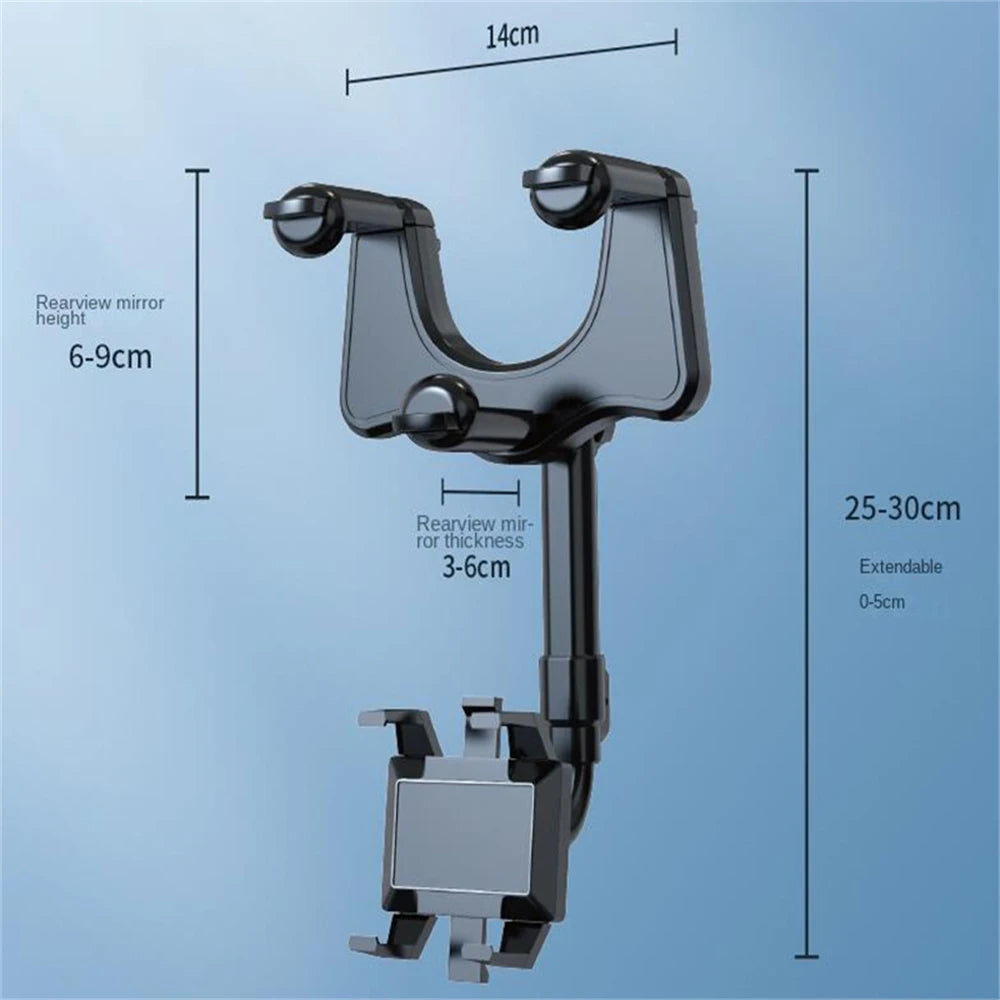 A black universal rearview mirror phone mount featuring a rotatable arm and an adjustable extension.