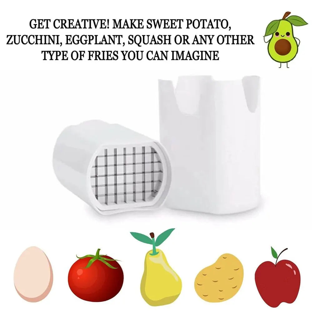 A white handheld slicer and cutter tool is shown next to various vegetables like an egg, tomato, squash, and potato.