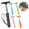 A collection of telescopic window cleaning squeegees in various colors including black, blue, green, pink, and orange.