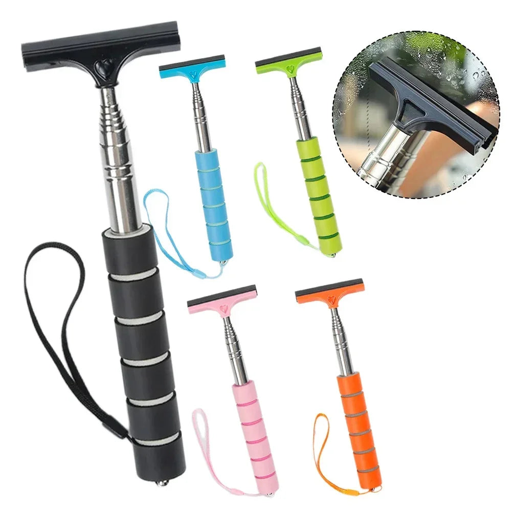A collection of telescopic window cleaning squeegees in various colors including black, blue, green, pink, and orange.