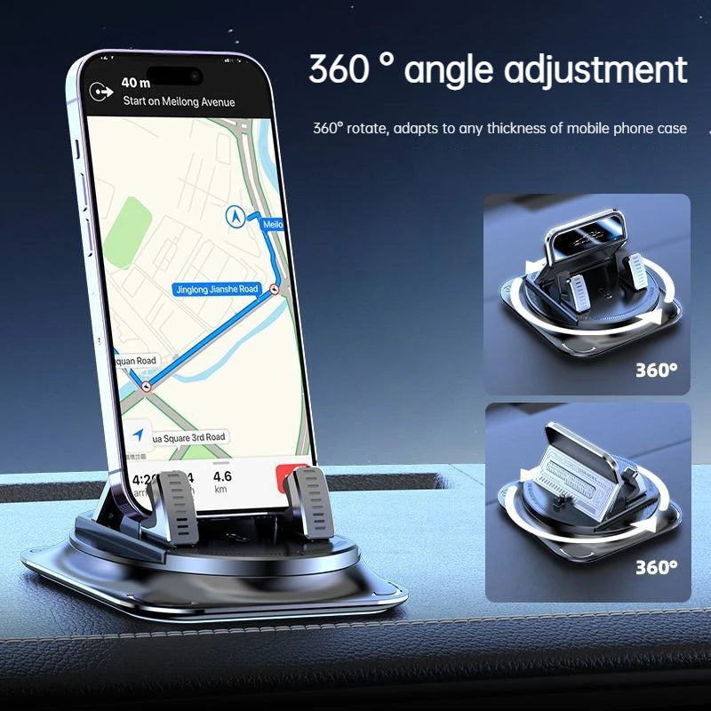 A smartphone is mounted on an anti-slip dashboard mount, demonstrating 360 degree angle adjustment.