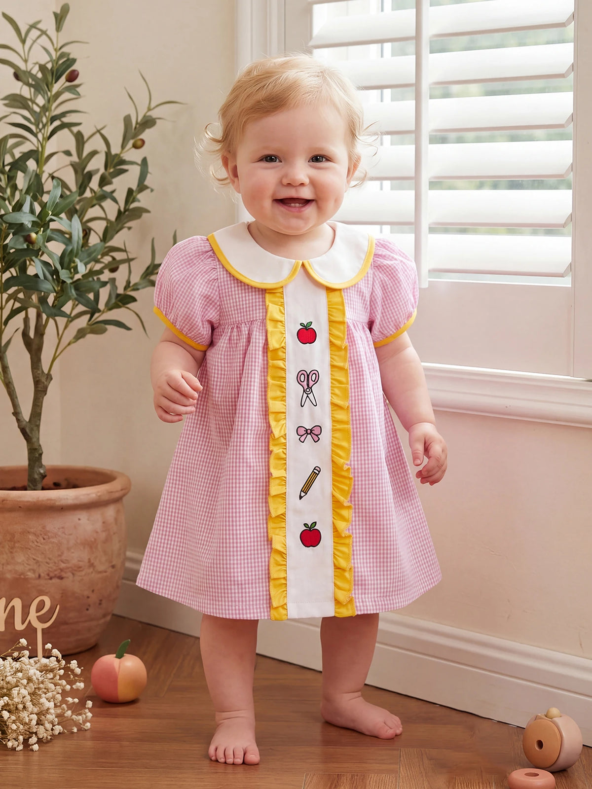 Girls Embroidered Plaid A-Line Dress with Peter Pan Collar
