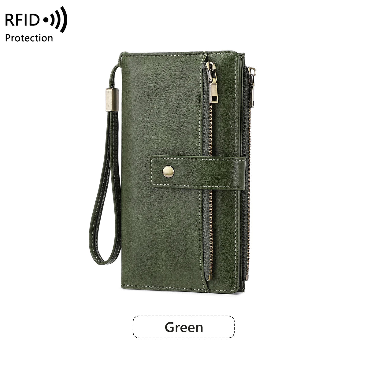 A green leather bifold wallet with a zip-around closure and wristlet strap.