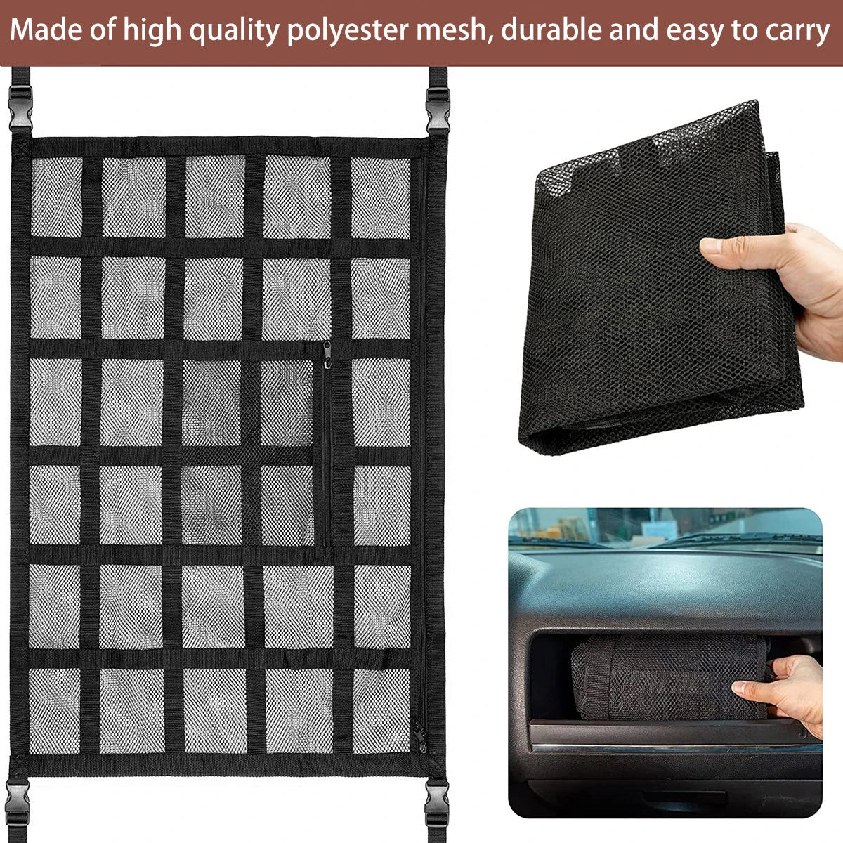 Black polyester mesh car ceiling cargo net for durable overhead storage organization