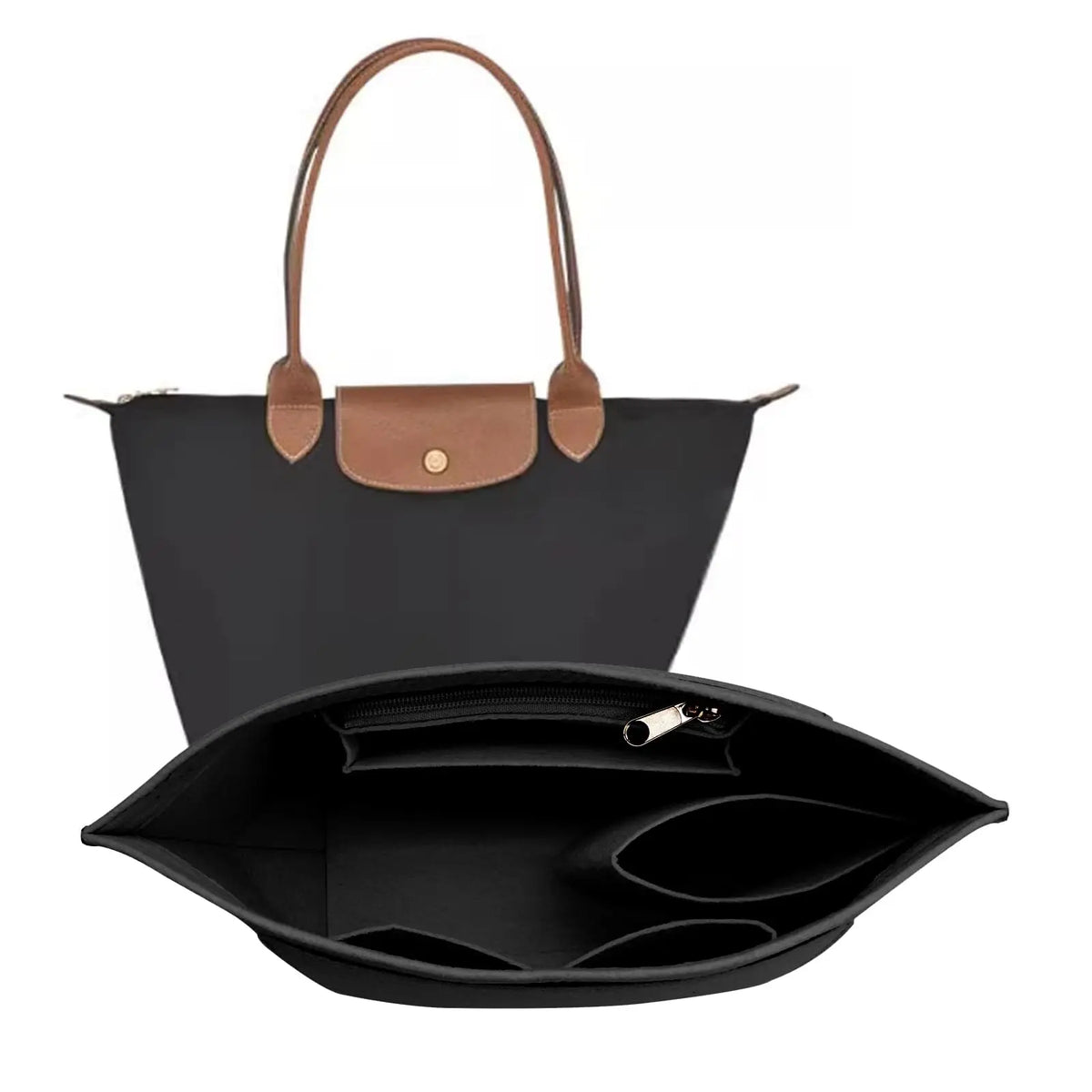 A black felt purse organizer insert is shown, featuring a flap closure and multiple internal compartments.