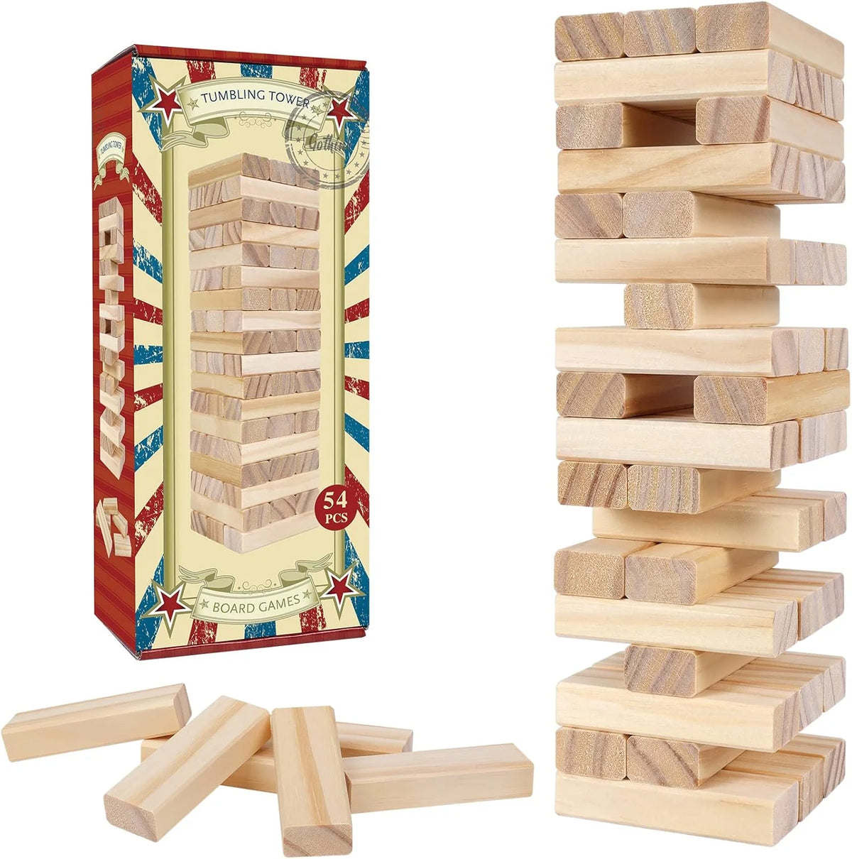 Classic Wooden Tumble Tower Game – 54-Piece Family Stacking Blocks