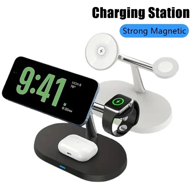 A white magnetic wireless charging station with a digital clock display and charging pads for devices.