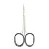 Professional stainless steel cuticle scissors with a curved blade.